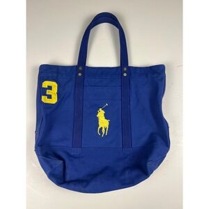 Ralph Lauren Blue Canvas Tote Bag Yellow‎ Pony & Number 3 Beach Shopper